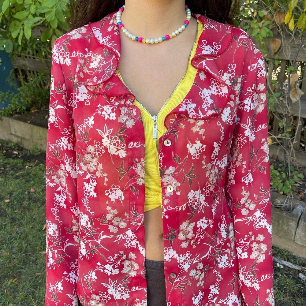 Semi-See-Through floral cardigan with ruffle detail